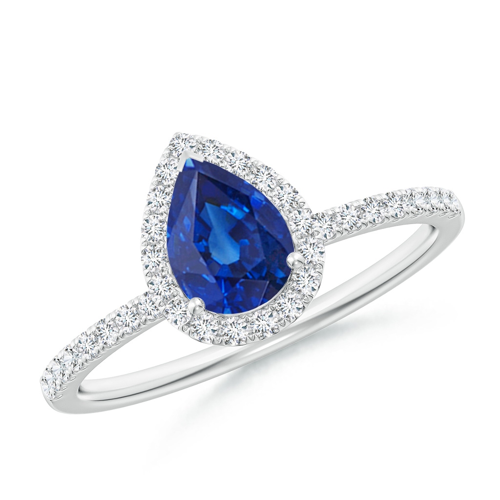 7x5mm AAA Pear-Shaped Blue Sapphire Classic Halo Engagement Ring in 18K White Gold