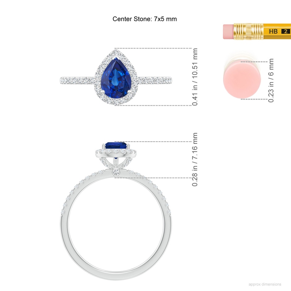 7x5mm AAA Pear-Shaped Blue Sapphire Classic Halo Engagement Ring in 18K White Gold ruler