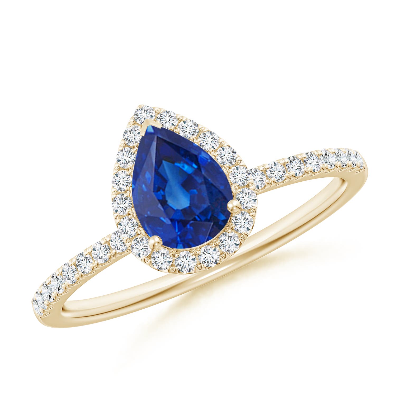 7x5mm AAA Pear-Shaped Blue Sapphire Classic Halo Engagement Ring in 18K Yellow Gold