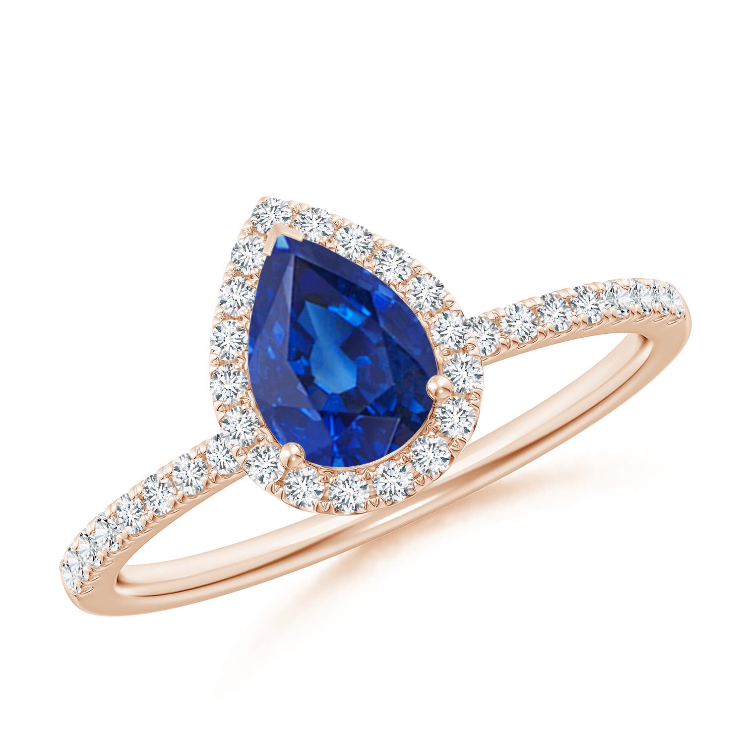 7x5mm AAA Pear-Shaped Blue Sapphire Classic Halo Engagement Ring in Rose Gold