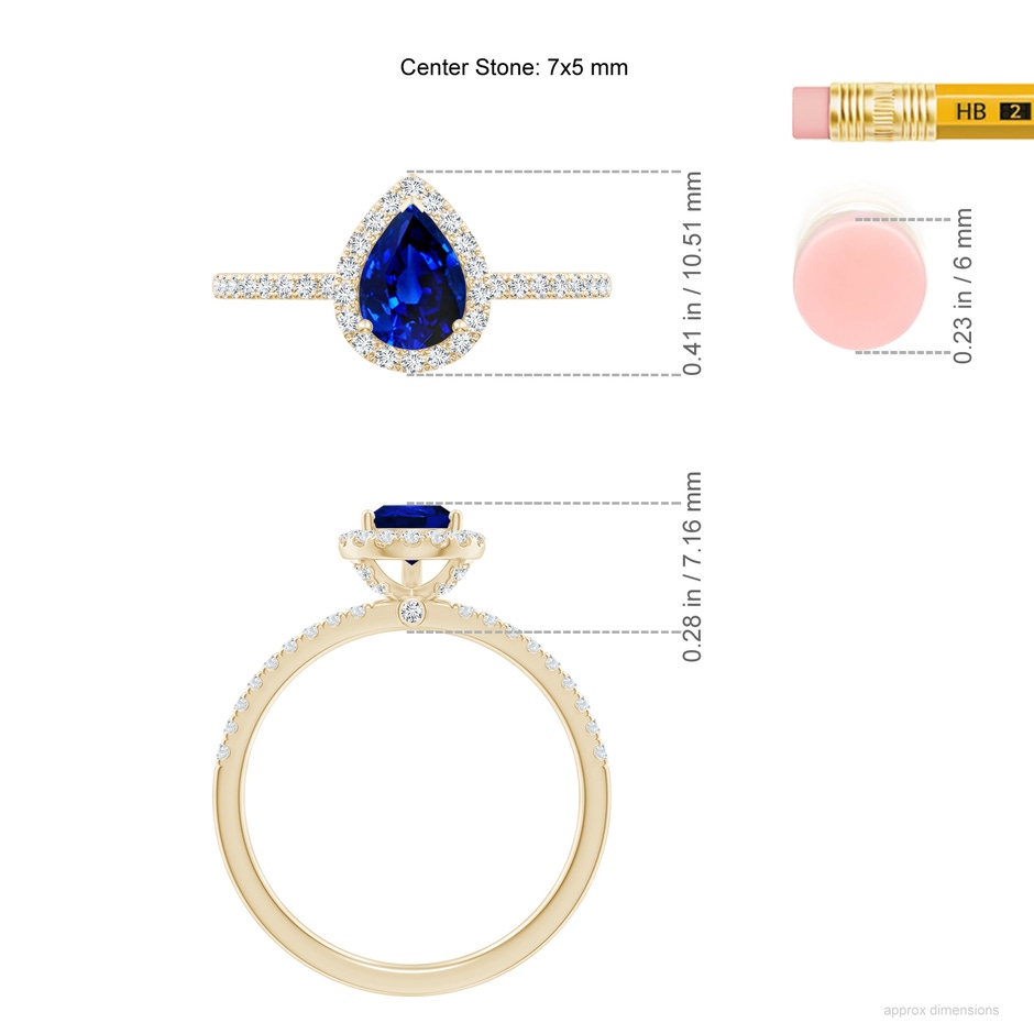 7x5mm AAAA Pear-Shaped Blue Sapphire Classic Halo Engagement Ring in Yellow Gold ruler