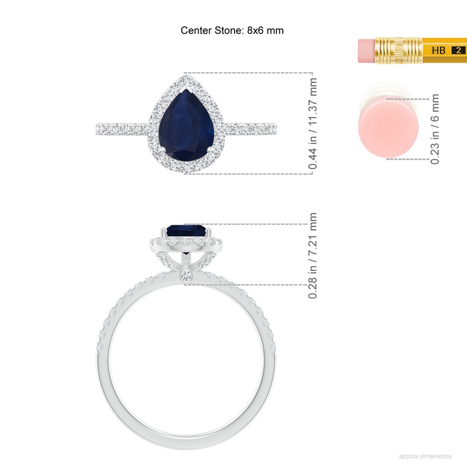 8x6mm A Pear-Shaped Blue Sapphire Classic Halo Engagement Ring in White Gold ruler