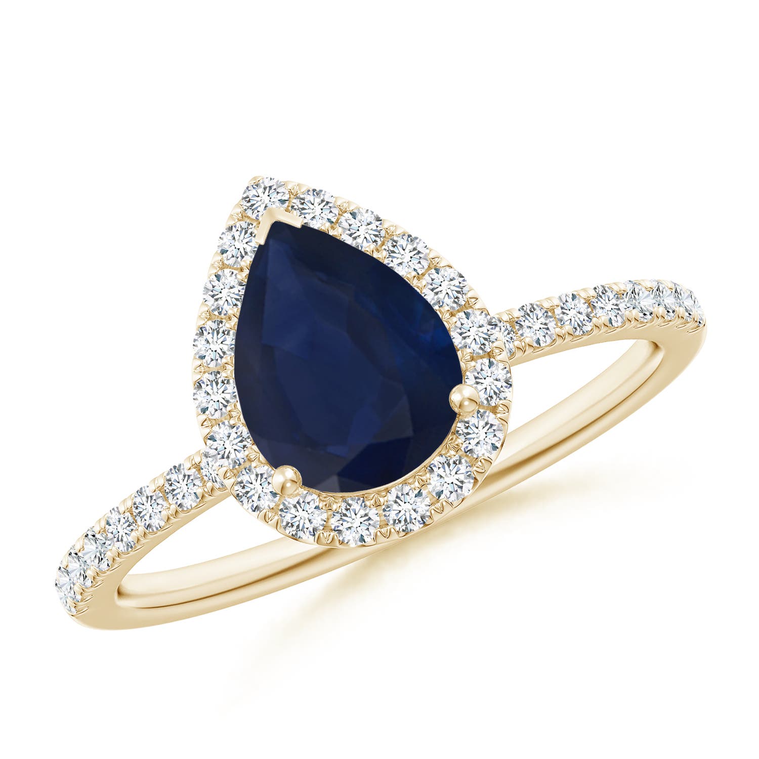 8x6mm A Pear-Shaped Blue Sapphire Classic Halo Engagement Ring in Yellow Gold