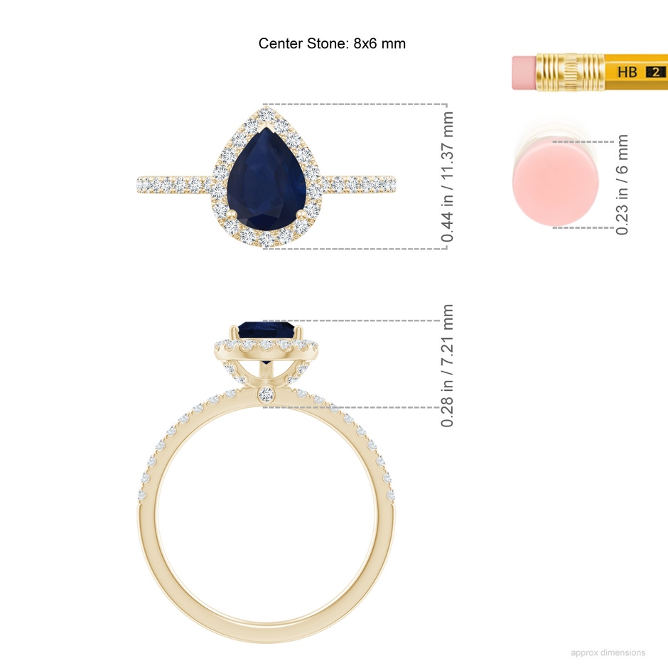 8x6mm A Pear-Shaped Blue Sapphire Classic Halo Engagement Ring in Yellow Gold ruler