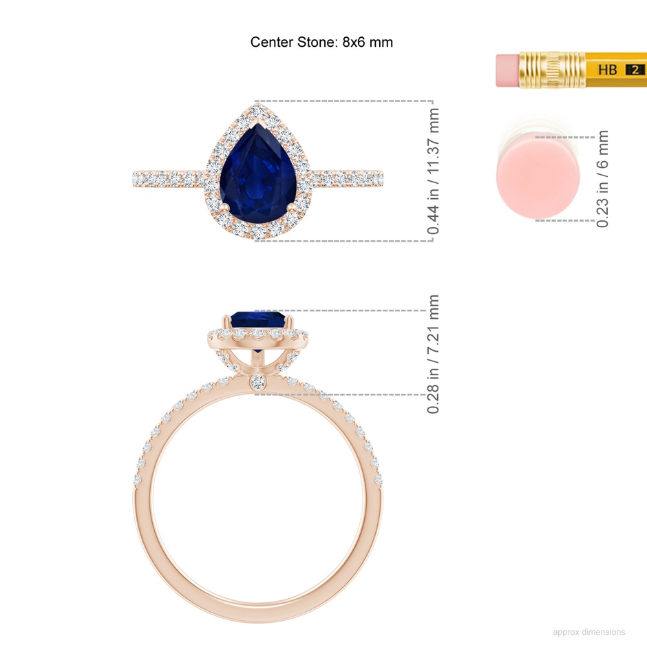 8x6mm AA Pear-Shaped Blue Sapphire Classic Halo Engagement Ring in Rose Gold ruler