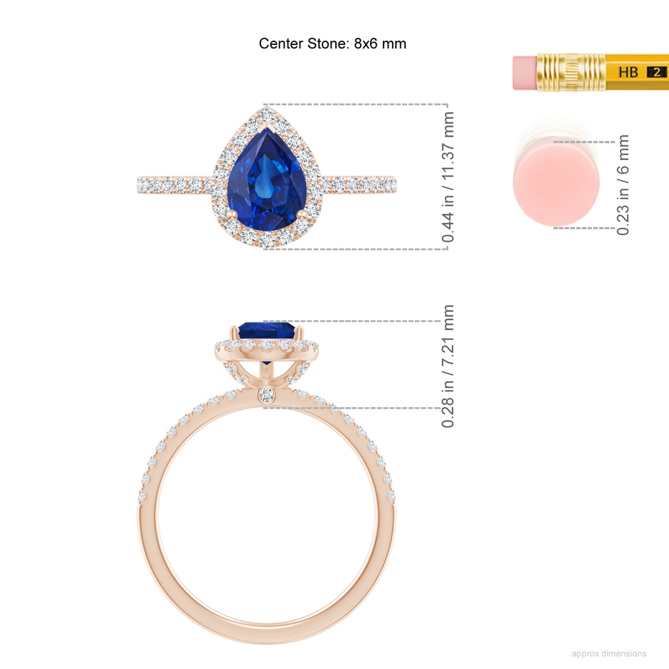 8x6mm AAA Pear-Shaped Blue Sapphire Classic Halo Engagement Ring in Rose Gold ruler
