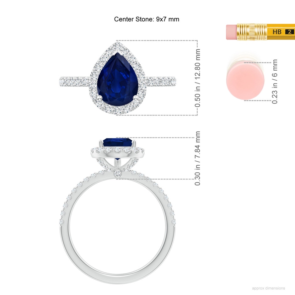 9x7mm AA Pear-Shaped Blue Sapphire Classic Halo Engagement Ring in P950 Platinum ruler