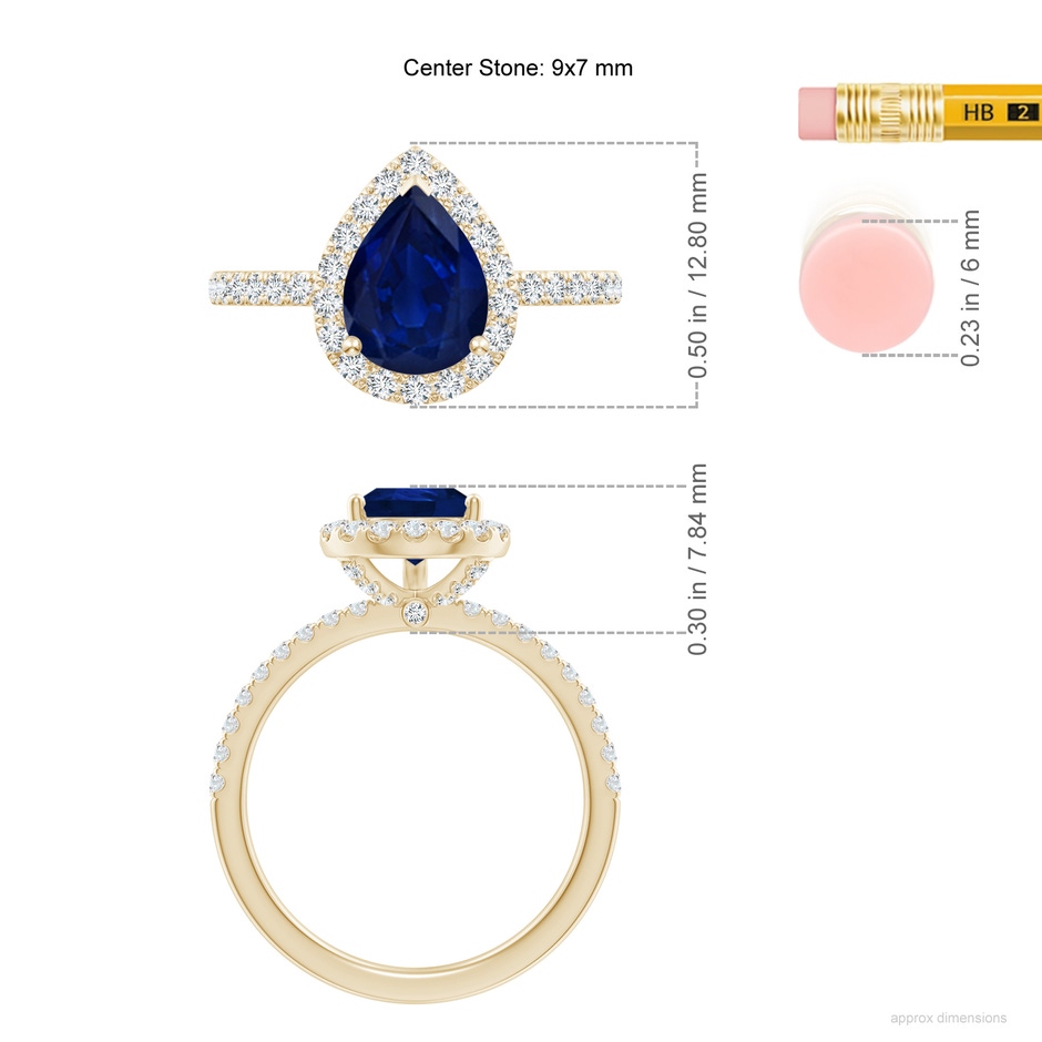 9x7mm AA Pear-Shaped Blue Sapphire Classic Halo Engagement Ring in Yellow Gold ruler