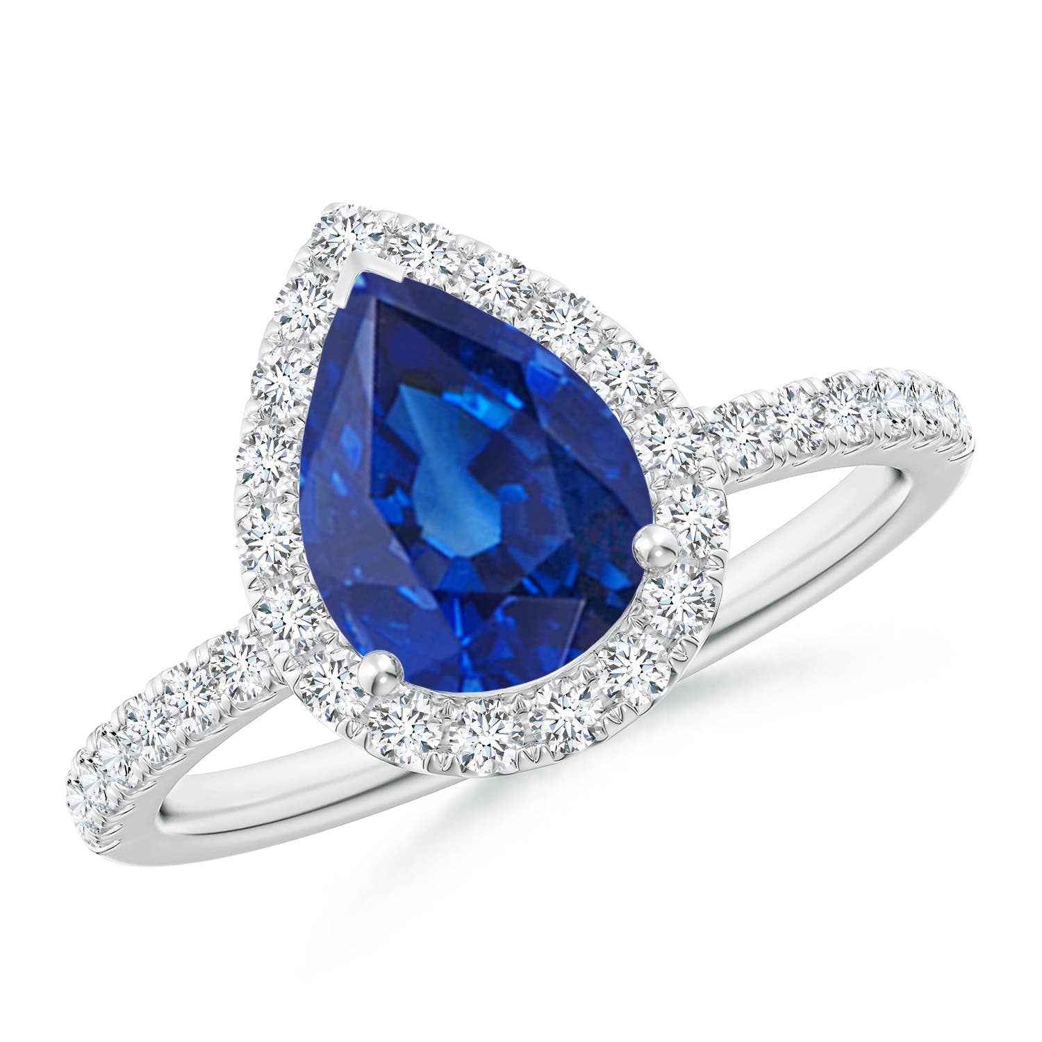 9x7mm AAA Pear-Shaped Blue Sapphire Classic Halo Engagement Ring in 18CT White Gold