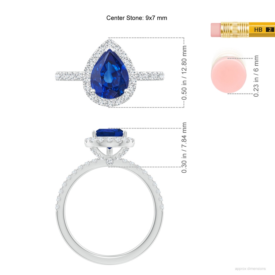 9x7mm AAA Pear-Shaped Blue Sapphire Classic Halo Engagement Ring in P950 Platinum ruler