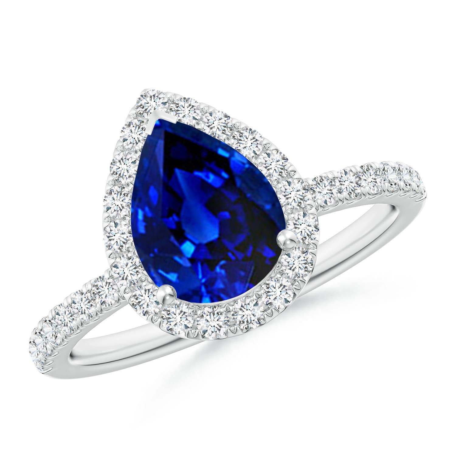 9x7mm AAAA Pear-Shaped Blue Sapphire Classic Halo Engagement Ring in 18K White Gold