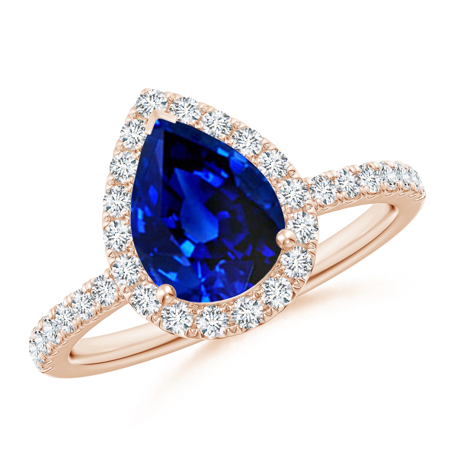 9x7mm AAAA Pear-Shaped Blue Sapphire Classic Halo Engagement Ring in Rose Gold