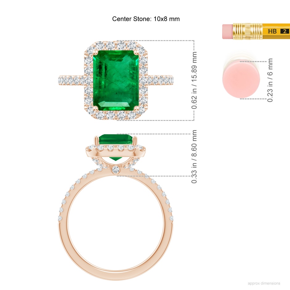 10x8mm AAA Emerald-Cut Emerald Classic Halo Engagement Ring in 18K Rose Gold ruler
