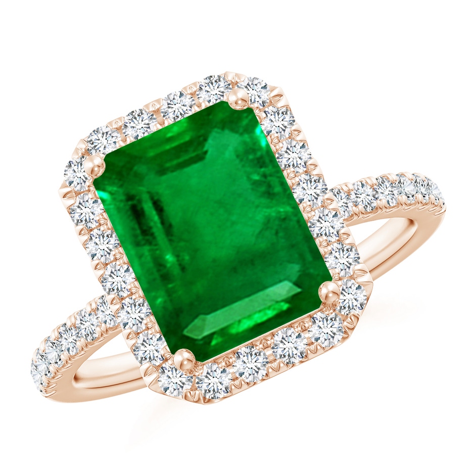 10x8mm AAAA Emerald-Cut Emerald Classic Halo Engagement Ring in Rose Gold 