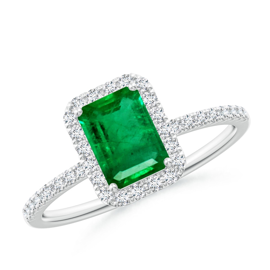 7x5mm AAA Emerald-Cut Emerald Classic Halo Engagement Ring in 18K White Gold 