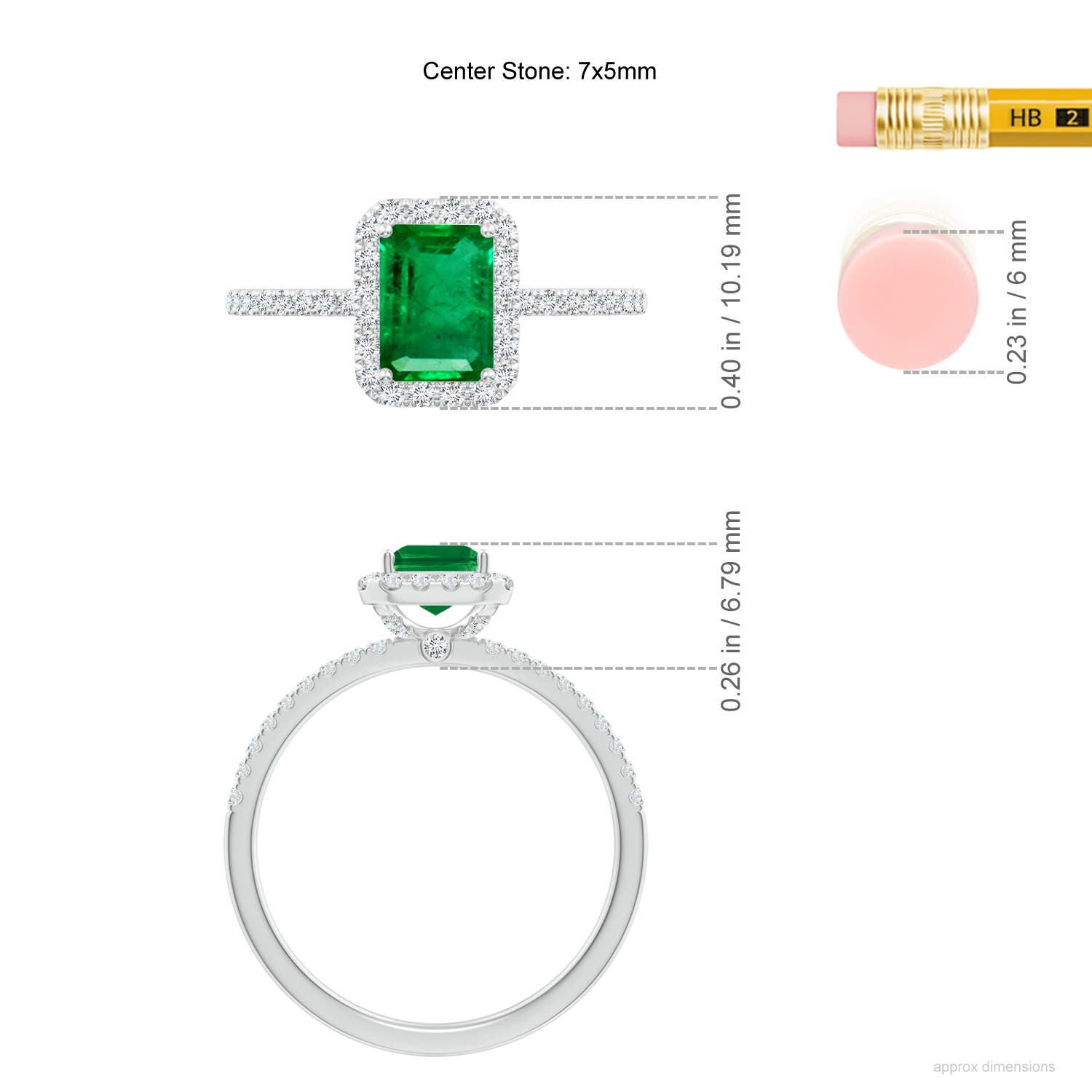 7x5mm AAA Emerald-Cut Emerald Classic Halo Engagement Ring in White Gold - ruler
