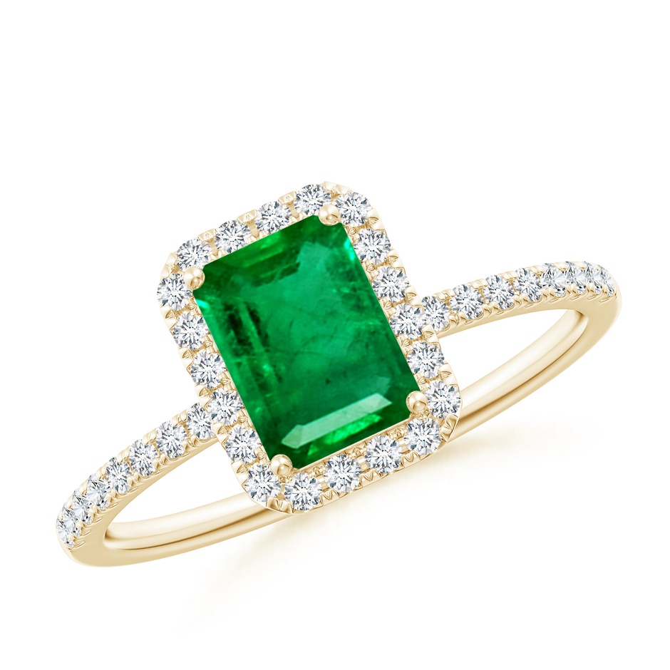 7x5mm AAA Emerald-Cut Emerald Classic Halo Engagement Ring in Yellow Gold 
