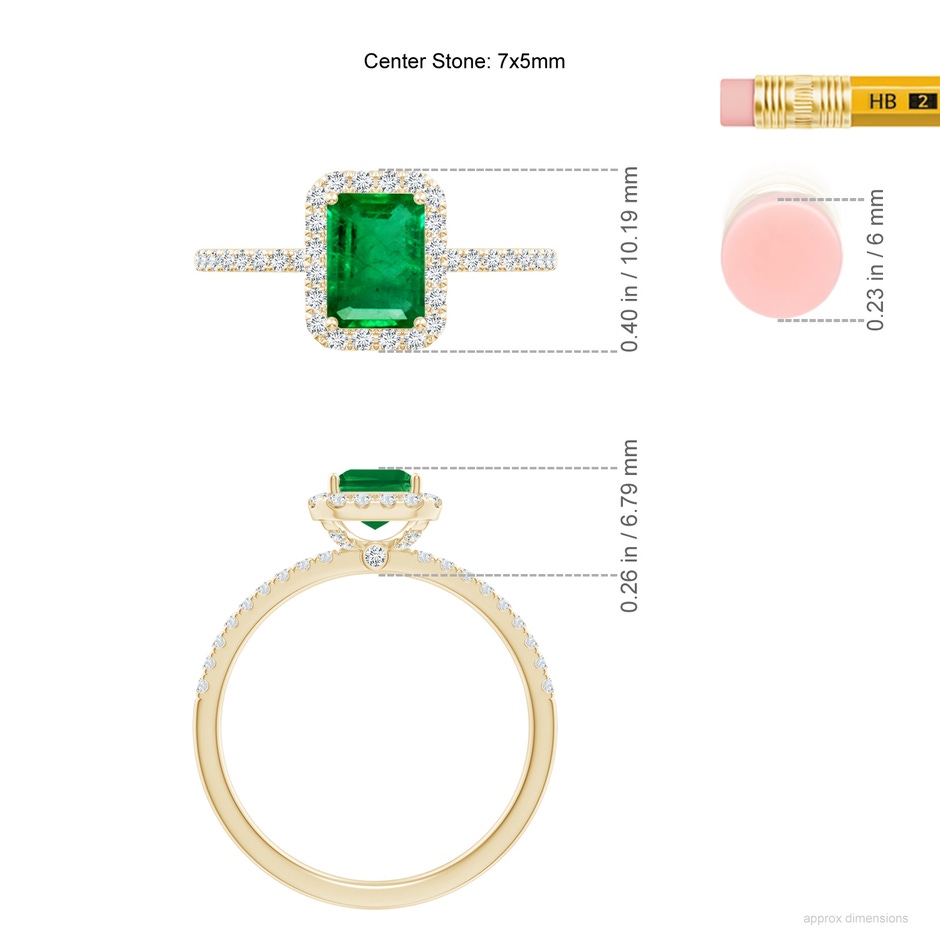 7x5mm AAA Emerald-Cut Emerald Classic Halo Engagement Ring in Yellow Gold ruler