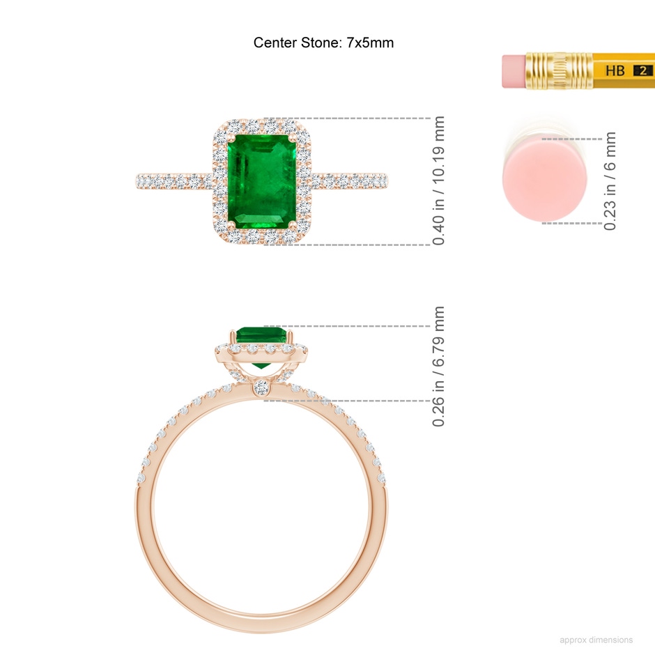 7x5mm AAAA Emerald-Cut Emerald Classic Halo Engagement Ring in Rose Gold ruler