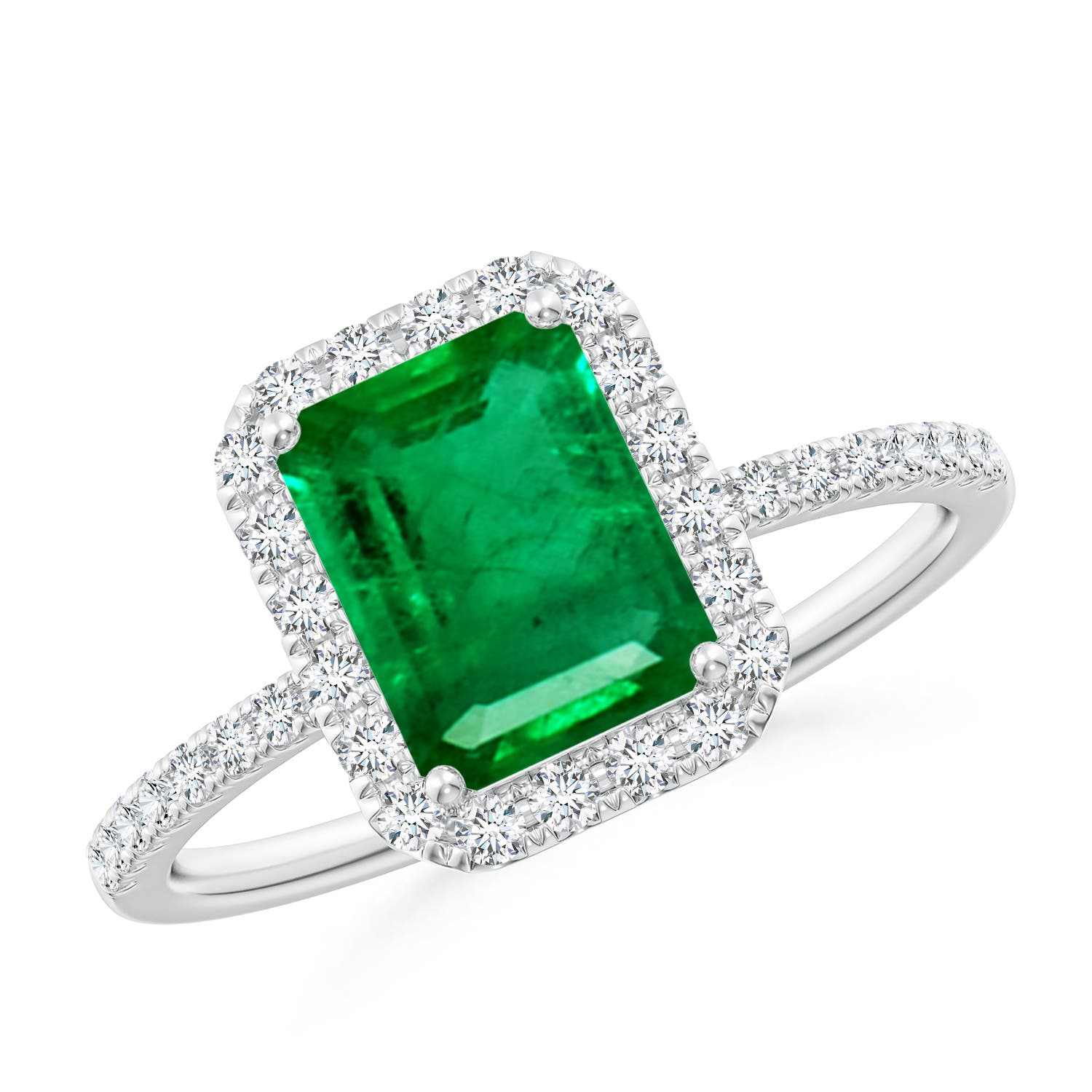 8x6mm AAA Emerald-Cut Emerald Classic Halo Engagement Ring in White Gold