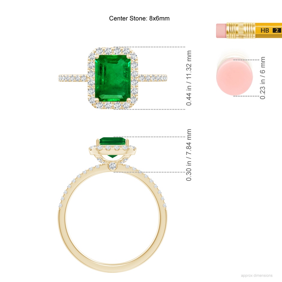 8x6mm AAAA Emerald-Cut Emerald Classic Halo Engagement Ring in Yellow Gold ruler