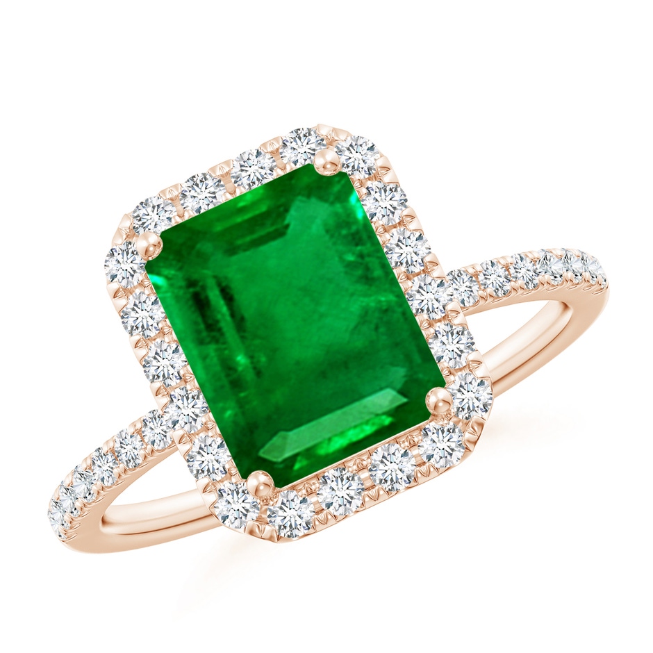 9x7mm AAAA Emerald-Cut Emerald Classic Halo Engagement Ring in 18K Rose Gold 