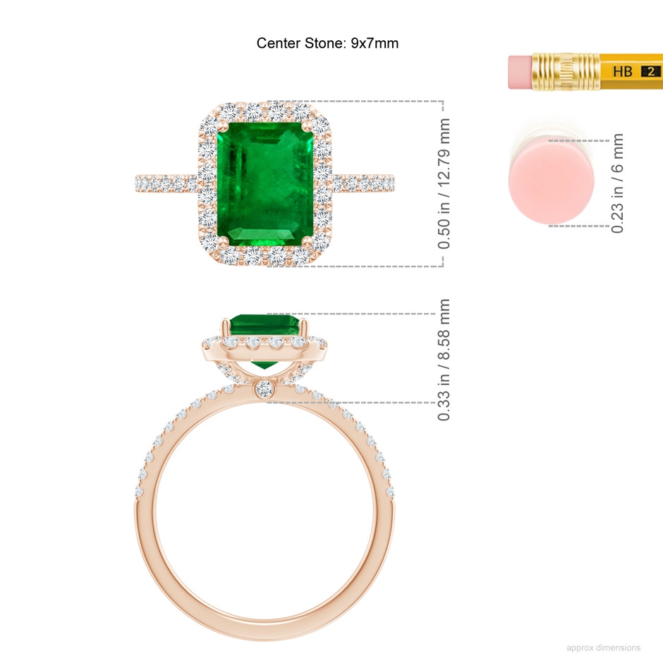 9x7mm AAAA Emerald-Cut Emerald Classic Halo Engagement Ring in 18K Rose Gold ruler