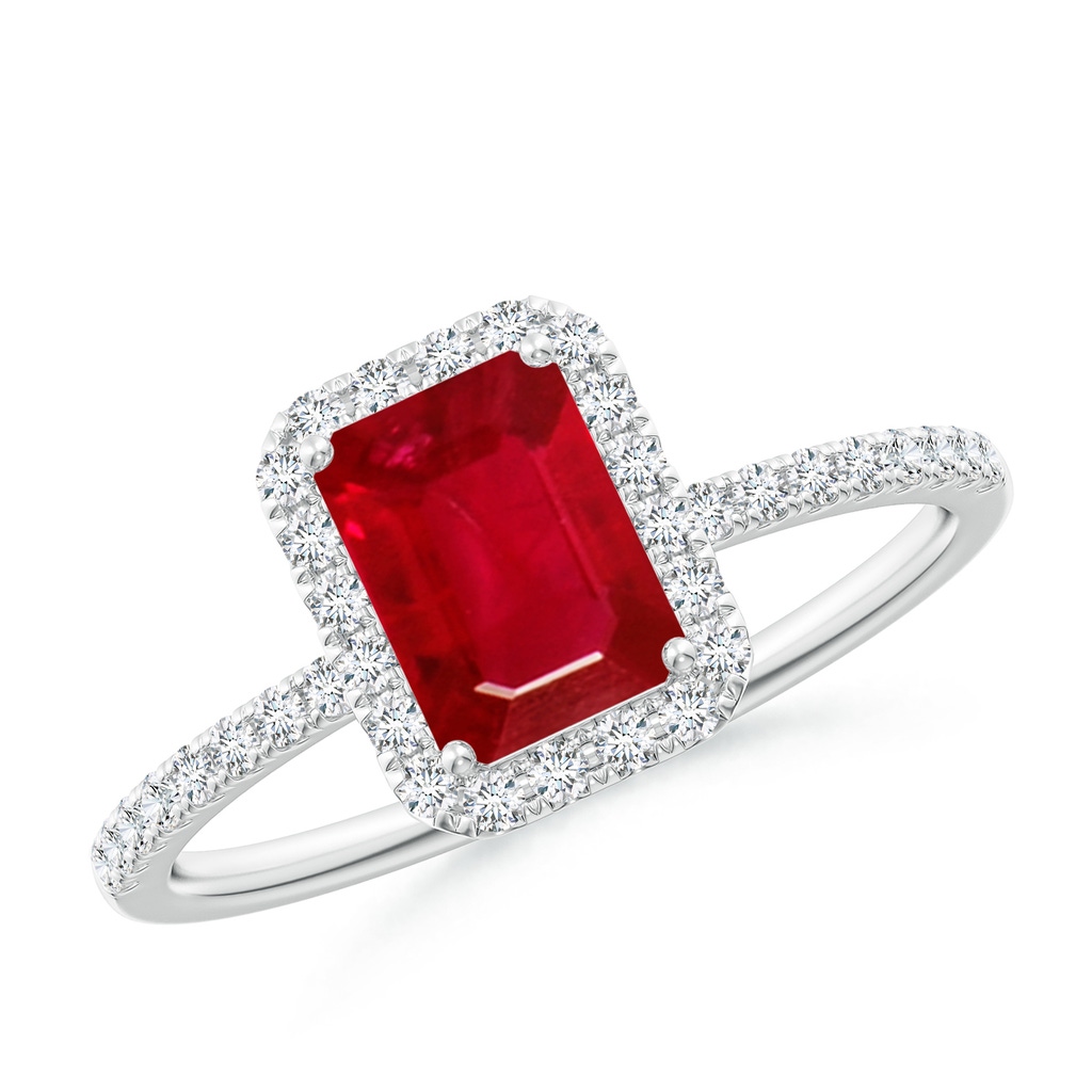 7x5mm AAA Emerald-Cut Ruby Classic Halo Engagement Ring in White Gold