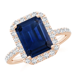 10x8mm AAA Emerald-Cut Blue Sapphire Classic Halo Engagement Ring in 18K Rose Gold