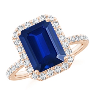 10x8mm AAAA Emerald-Cut Blue Sapphire Classic Halo Engagement Ring in 18K Rose Gold