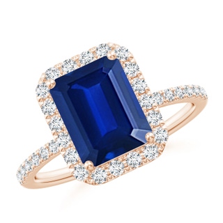 9x7mm AAAA Emerald-Cut Blue Sapphire Classic Halo Engagement Ring in 9K Rose Gold