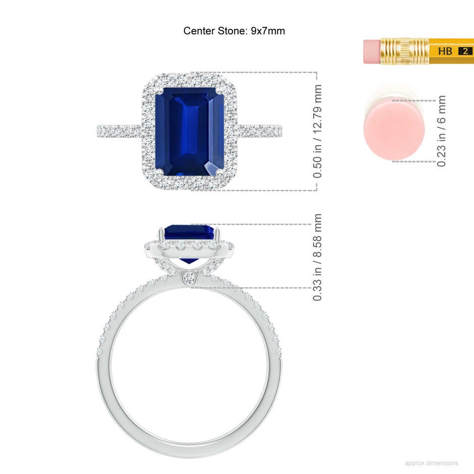 9x7mm Lab-Grown Emerald-Cut Blue Sapphire Classic Halo Engagement Ring in White Gold ruler