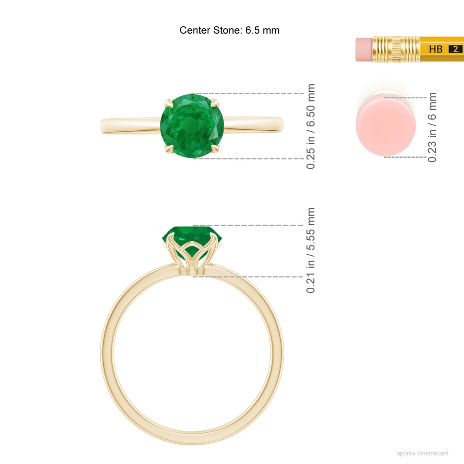 6.5mm AA Solitaire Round Emerald Classic Engagement Ring in Yellow Gold ruler