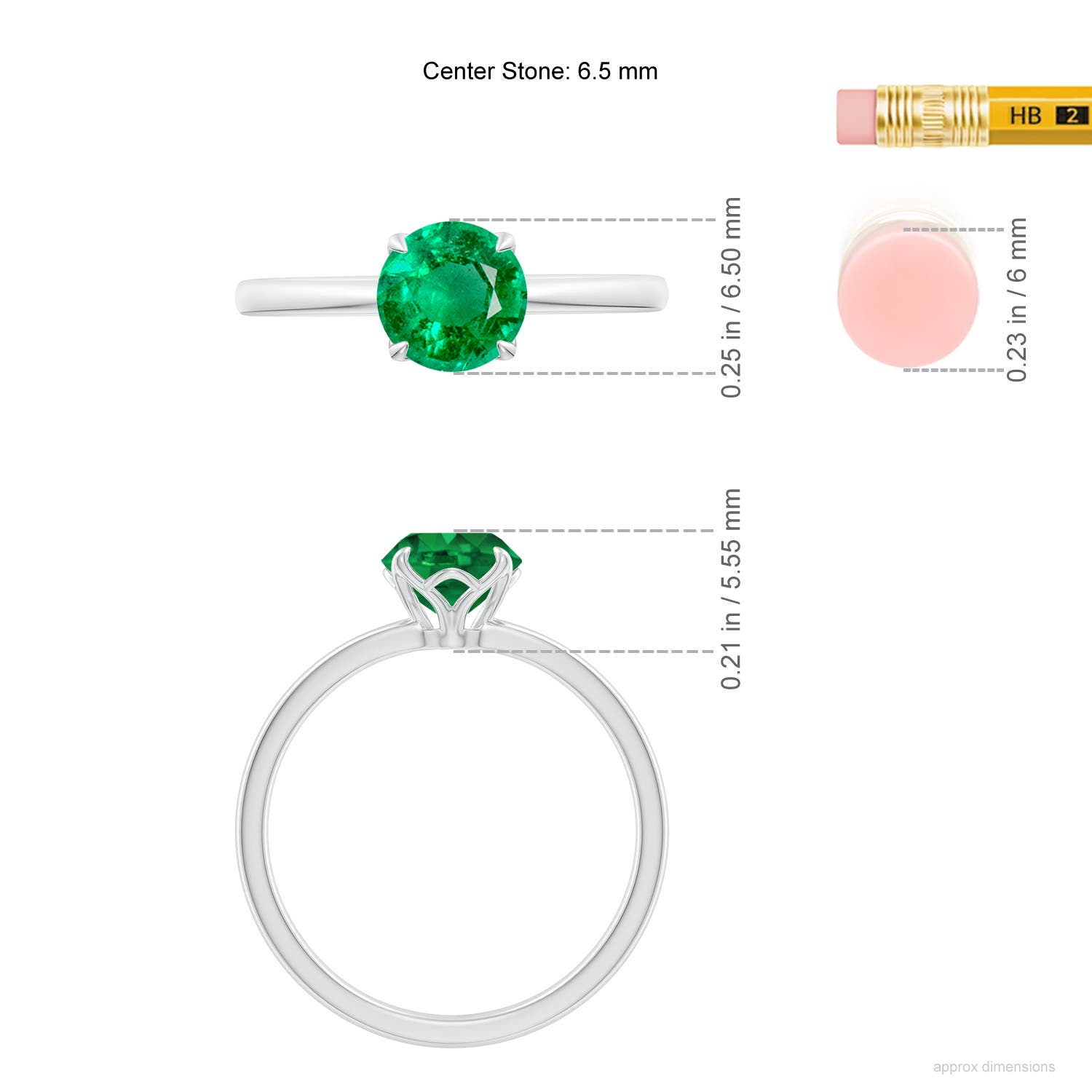 6.5mm AAA Solitaire Round Emerald Classic Engagement Ring in White Gold - ruler