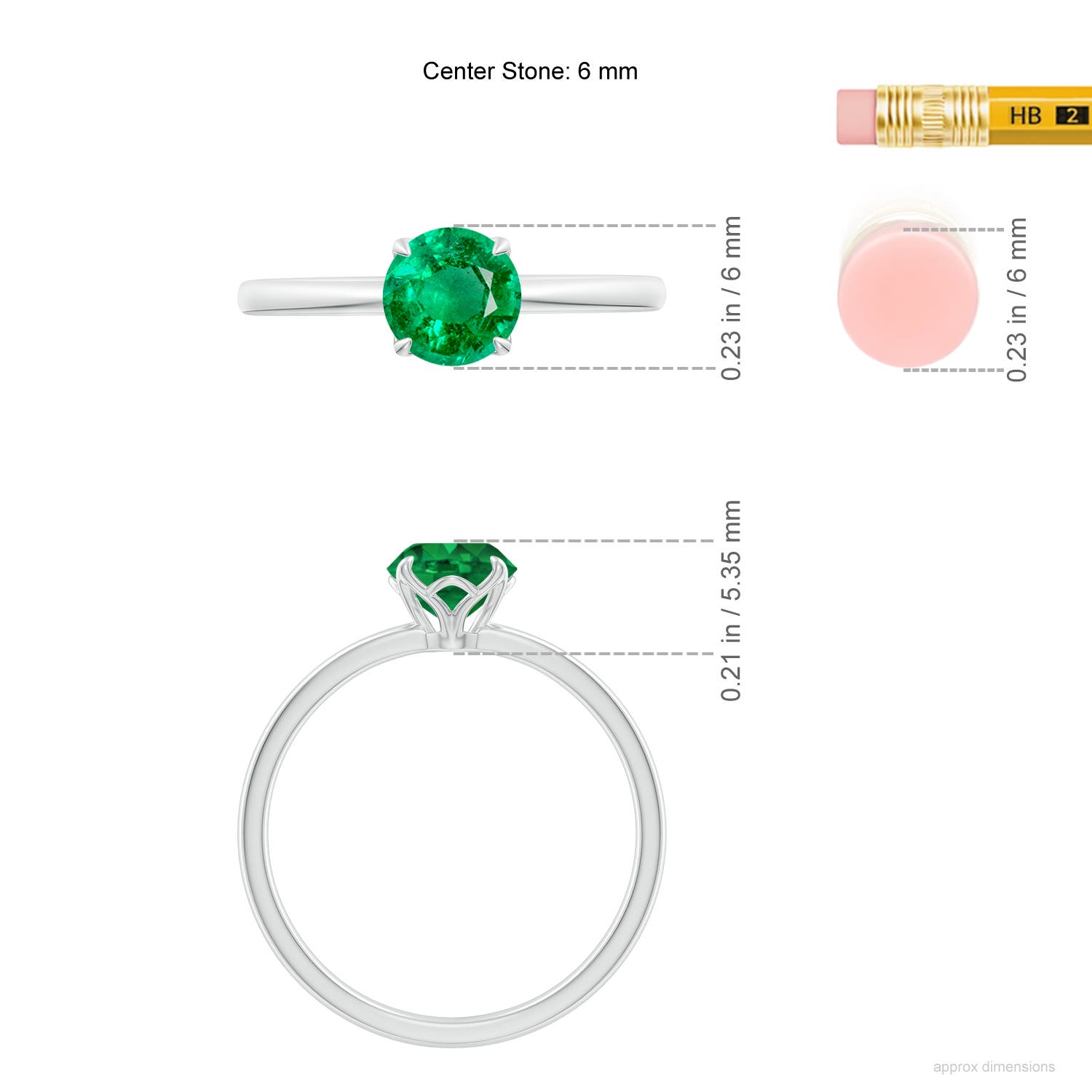 6mm AAA Solitaire Round Emerald Classic Engagement Ring in 18K White Gold - ruler
