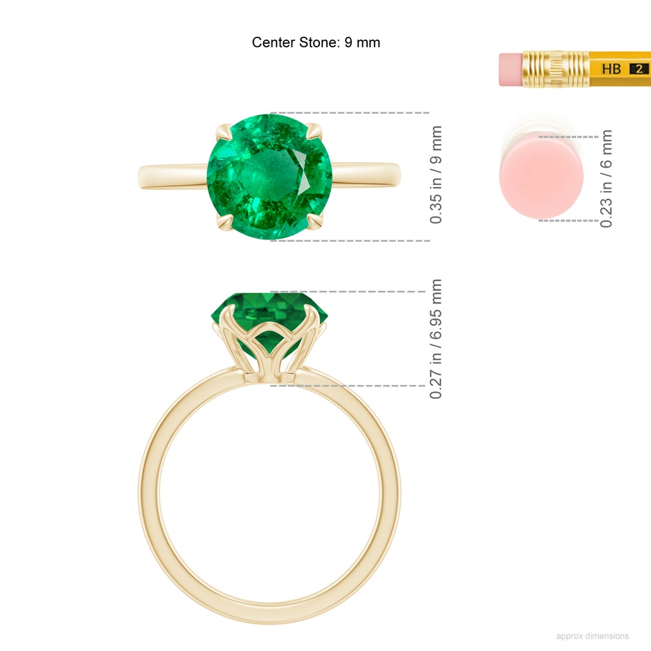 9mm AAA Solitaire Round Emerald Classic Engagement Ring in Yellow Gold ruler