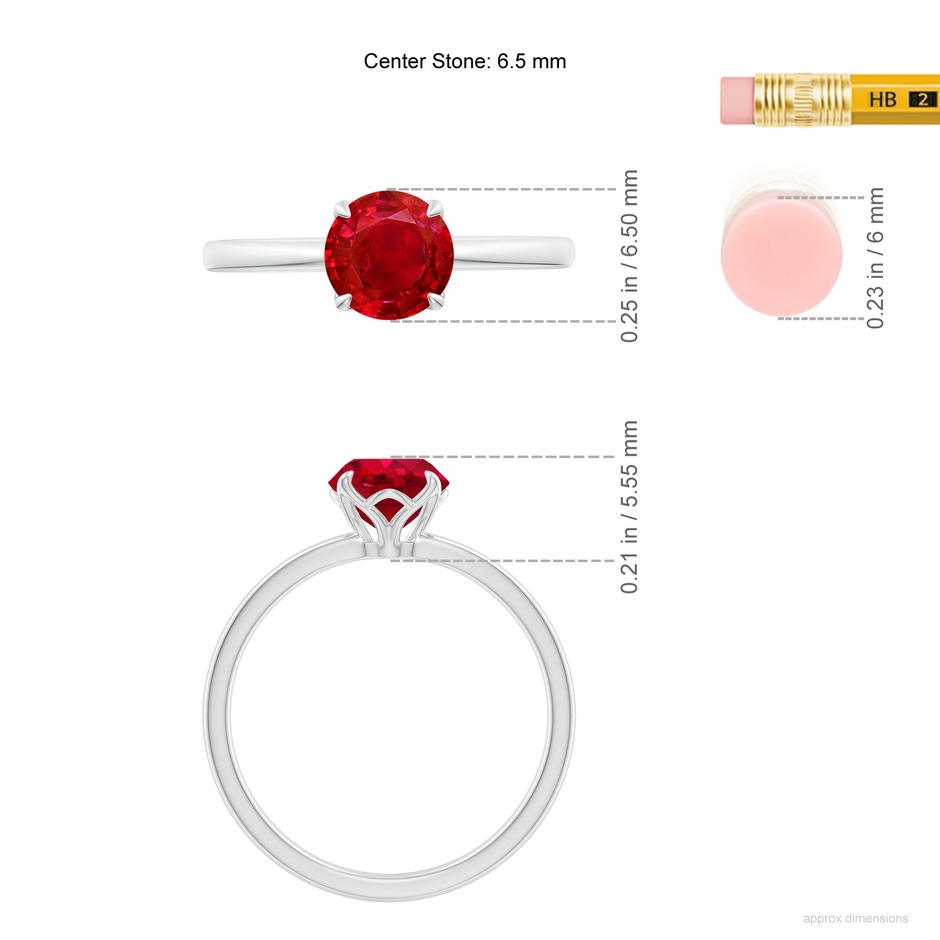 6.5mm AAA Solitaire Round Ruby Classic Engagement Ring in White Gold ruler