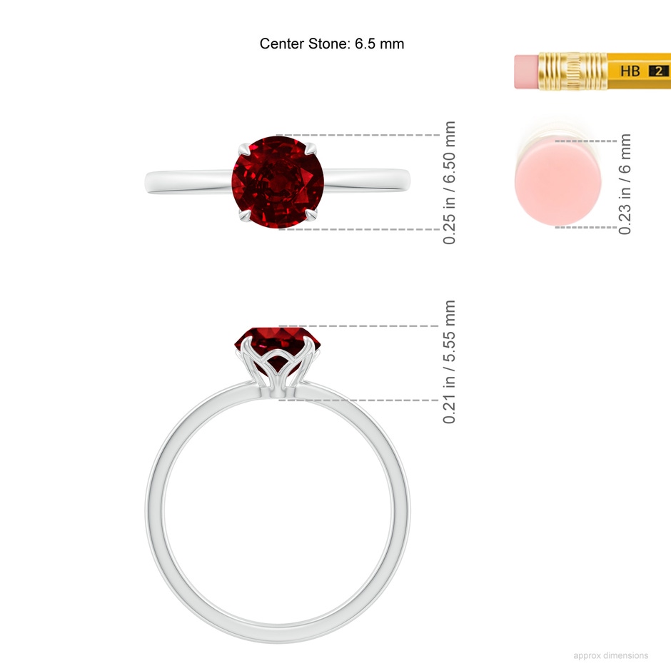 6.5mm AAAA Solitaire Round Ruby Classic Engagement Ring in White Gold ruler