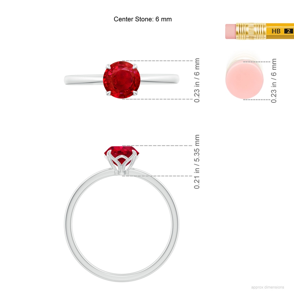 6mm AAA Solitaire Round Ruby Classic Engagement Ring in 18K White Gold ruler