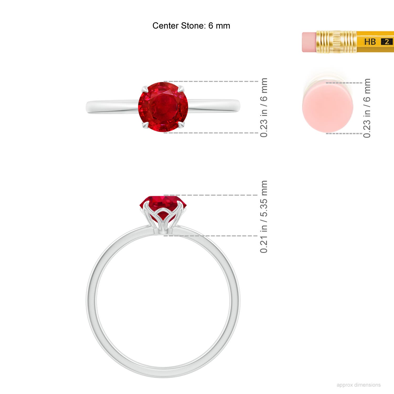 6mm AAA Solitaire Round Ruby Classic Engagement Ring in White Gold - ruler