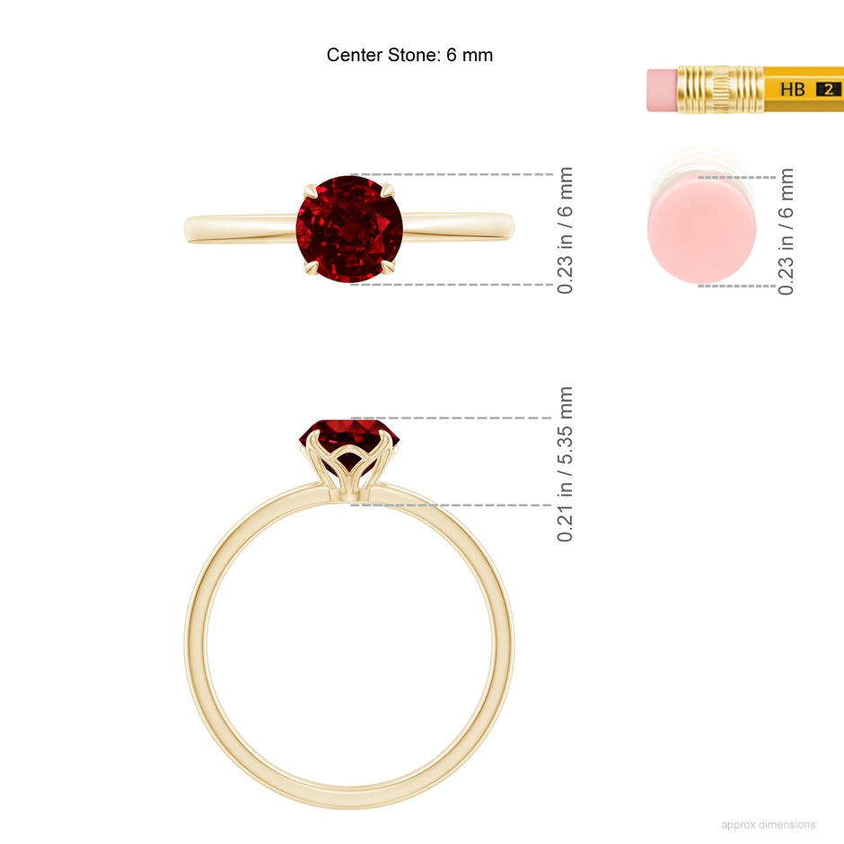 6mm AAAA Solitaire Round Ruby Classic Engagement Ring in Yellow Gold ruler