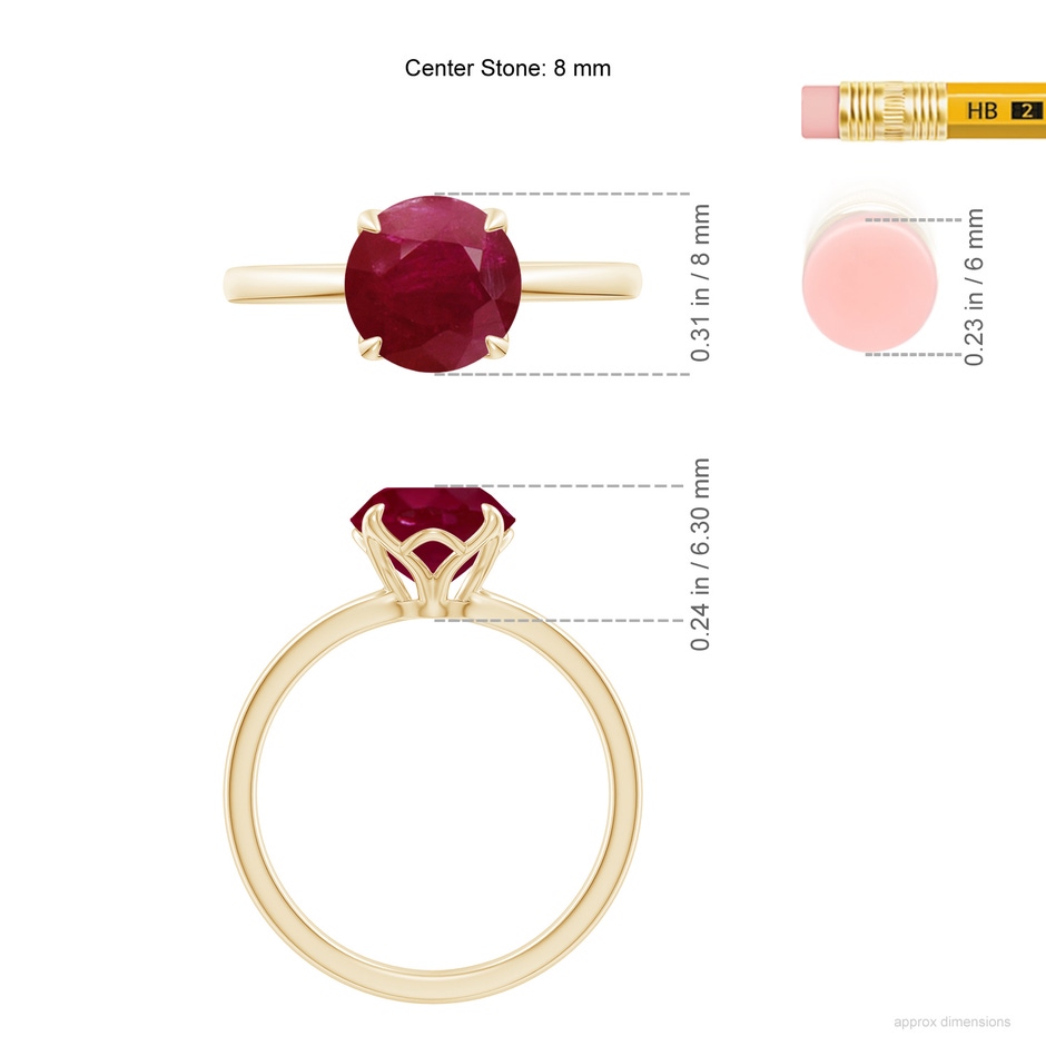 8mm A Solitaire Round Ruby Classic Engagement Ring in 18K Yellow Gold ruler