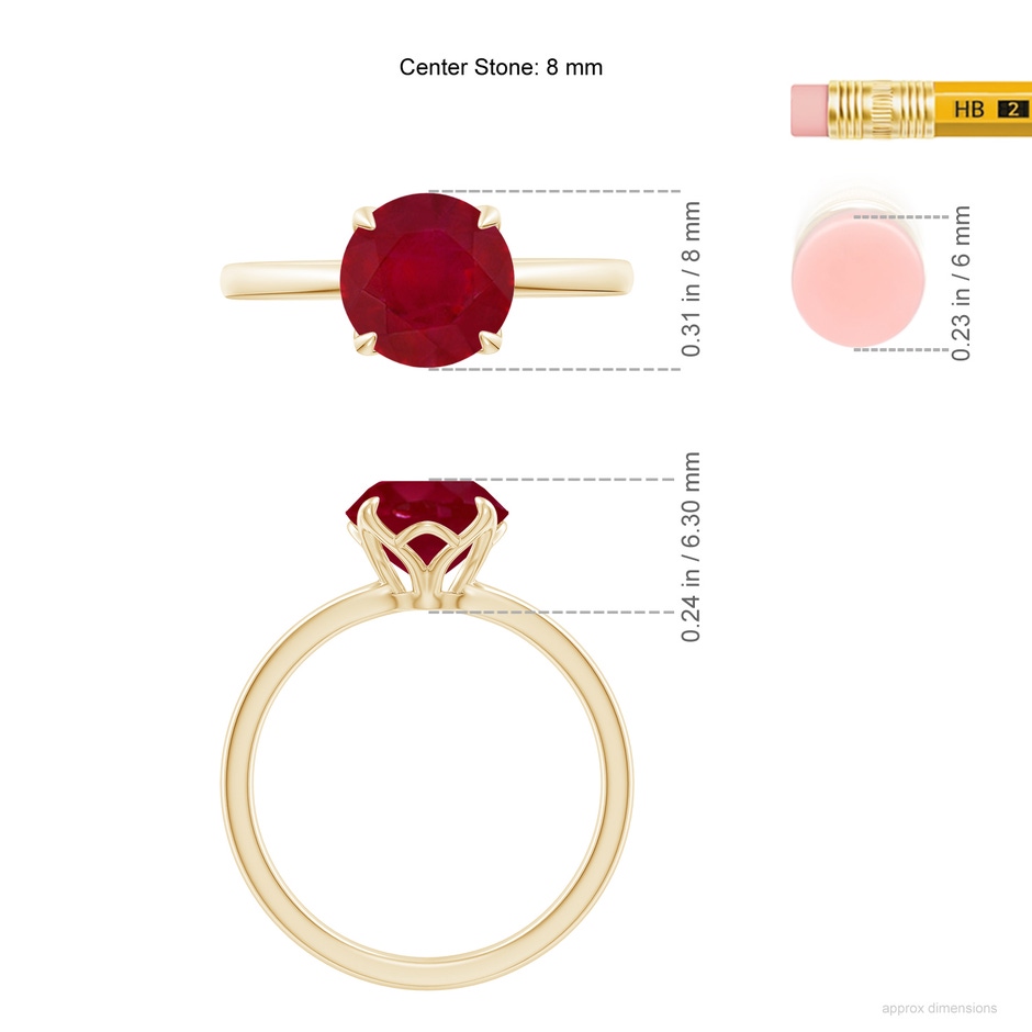 8mm AA Solitaire Round Ruby Classic Engagement Ring in Yellow Gold ruler