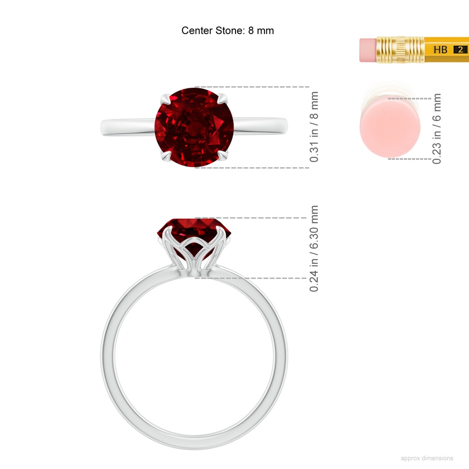 8mm AAAA Solitaire Round Ruby Classic Engagement Ring in White Gold ruler