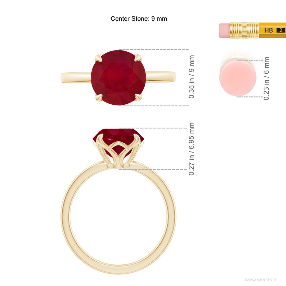 9mm AA Solitaire Round Ruby Classic Engagement Ring in Yellow Gold ruler
