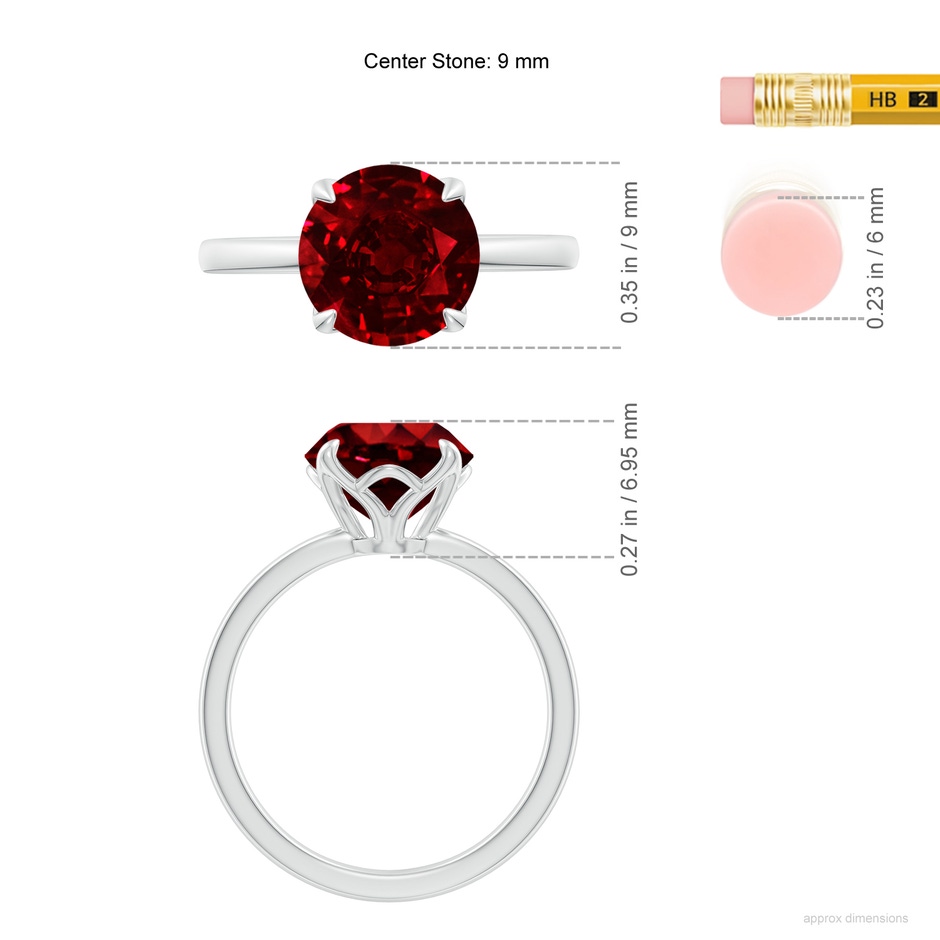 9mm AAAA Solitaire Round Ruby Classic Engagement Ring in 18K White Gold ruler