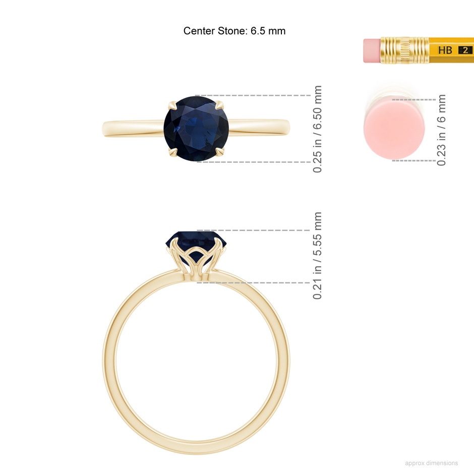 6.5mm A Solitaire Round Blue Sapphire Classic Engagement Ring in Yellow Gold ruler