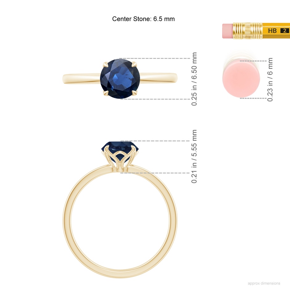 6.5mm AA Solitaire Round Blue Sapphire Classic Engagement Ring in Yellow Gold ruler