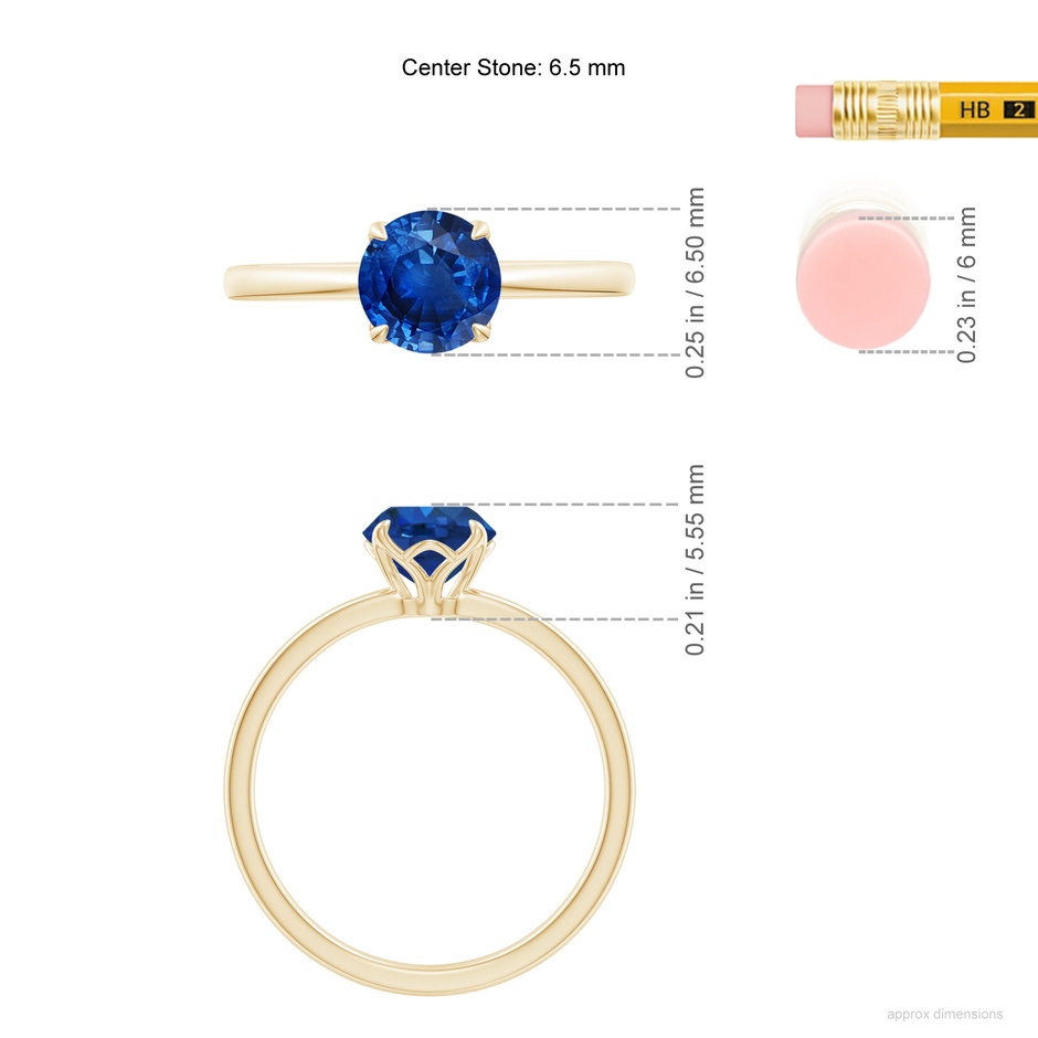 6.5mm AAA Solitaire Round Blue Sapphire Classic Engagement Ring in Yellow Gold ruler