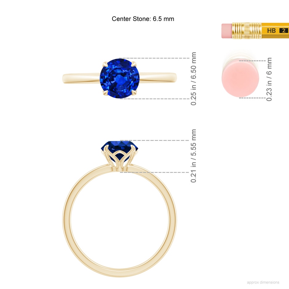 6.5mm AAAA Solitaire Round Blue Sapphire Classic Engagement Ring in Yellow Gold ruler